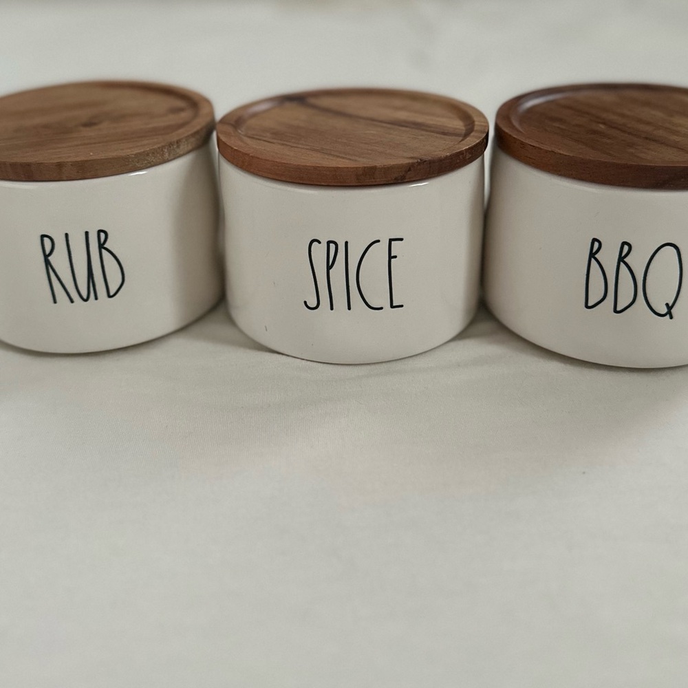 Rae Dunn White Ceramic Spice Jars with Wooden Lids